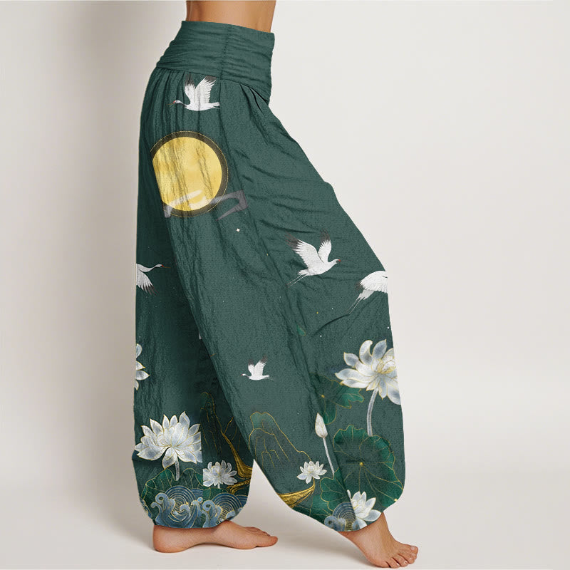 Buddha Stones Pure Cotton Crane Blooming Lotus Moon Mountain Women's Elastic Waist Harem Pants - image 7