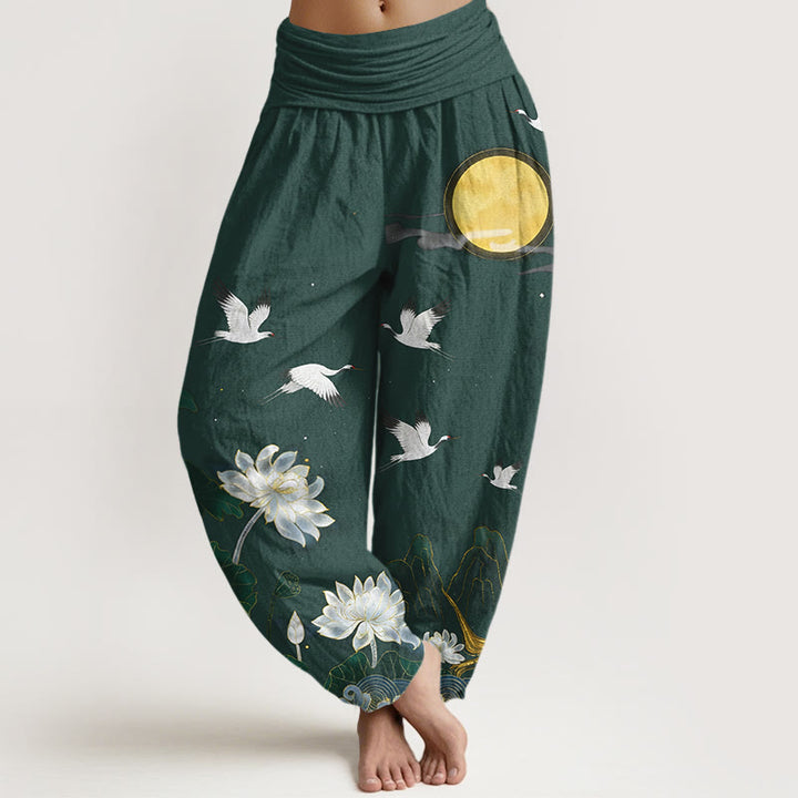 Buddha Stones Pure Cotton Crane Blooming Lotus Moon Mountain Women's Elastic Waist Harem Pants - DarkSlateGray - US16，UK/AU20，EU48 (3XL) - image 5