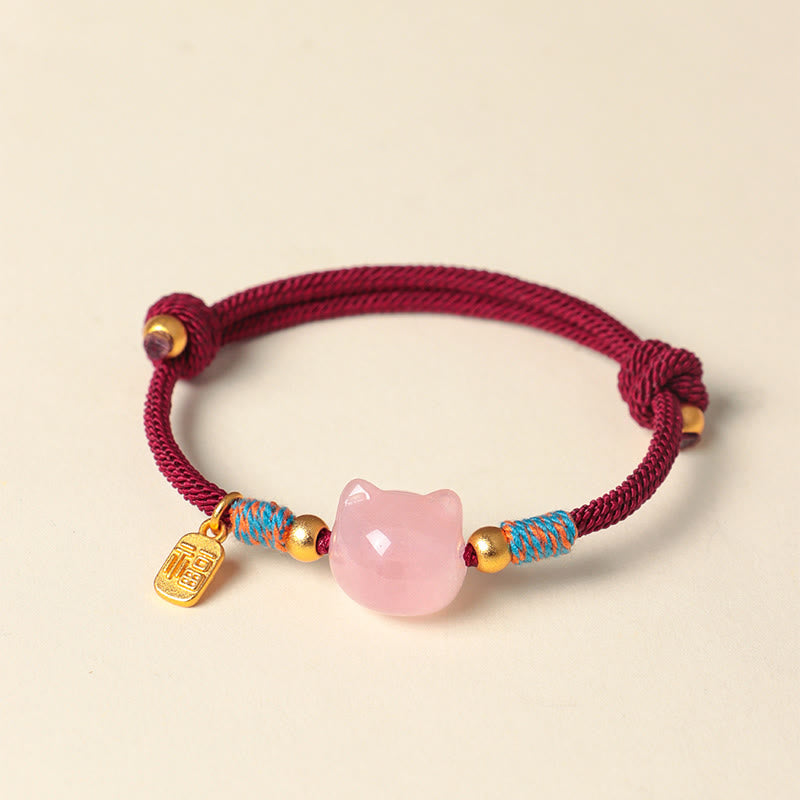 Buddha Stones Cat Fu Character Silver Sheen Obsidian Pink Crystal String Protection Bracelet - image 9
