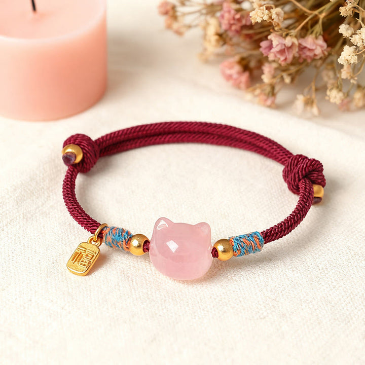 Buddha Stones Cat Fu Character Silver Sheen Obsidian Pink Crystal String Protection Bracelet - image 14
