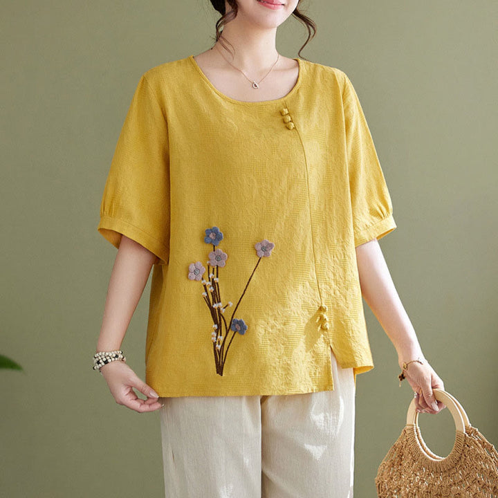 Buddha Stones Three-dimensional Flowers Design Crew Neck Short Sleeve Cotton Women's Shirt - Yellow - US12，UK/AU16，EU44 (3XL) - image 9