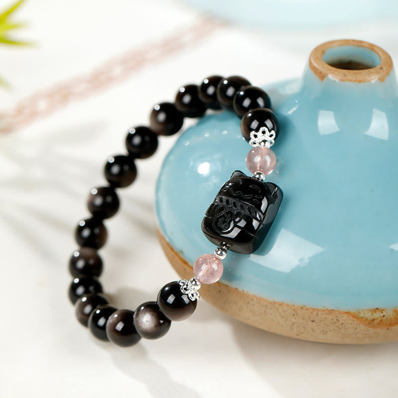 Buddha Stones Cat Silver Sheen Obsidian Strawberry Quartz Protection Bracelet - image 7