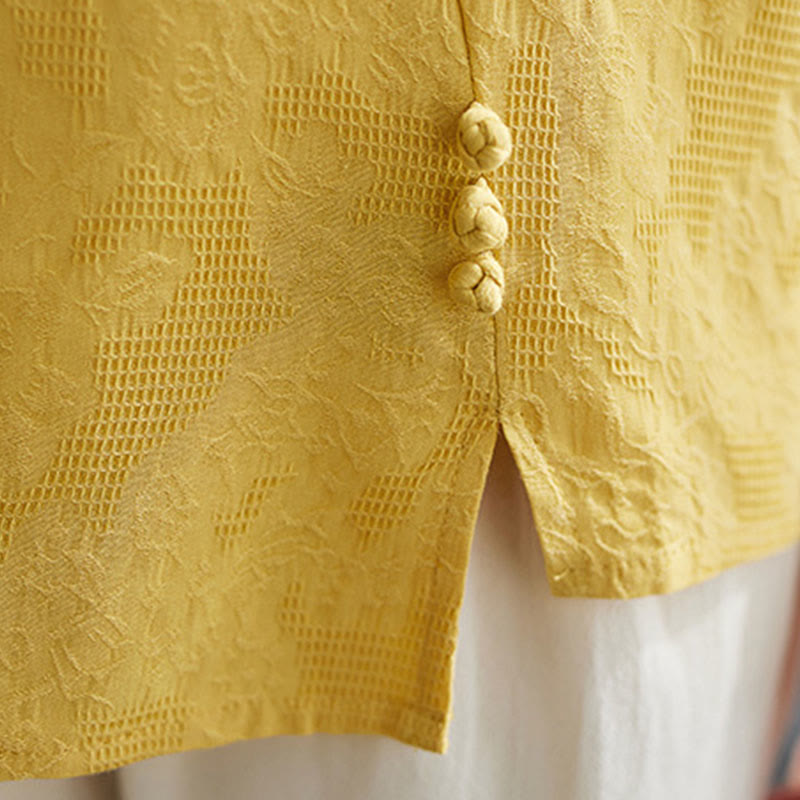 Buddha Stones Three-dimensional Flowers Design Crew Neck Short Sleeve Cotton Women's Shirt - image 14