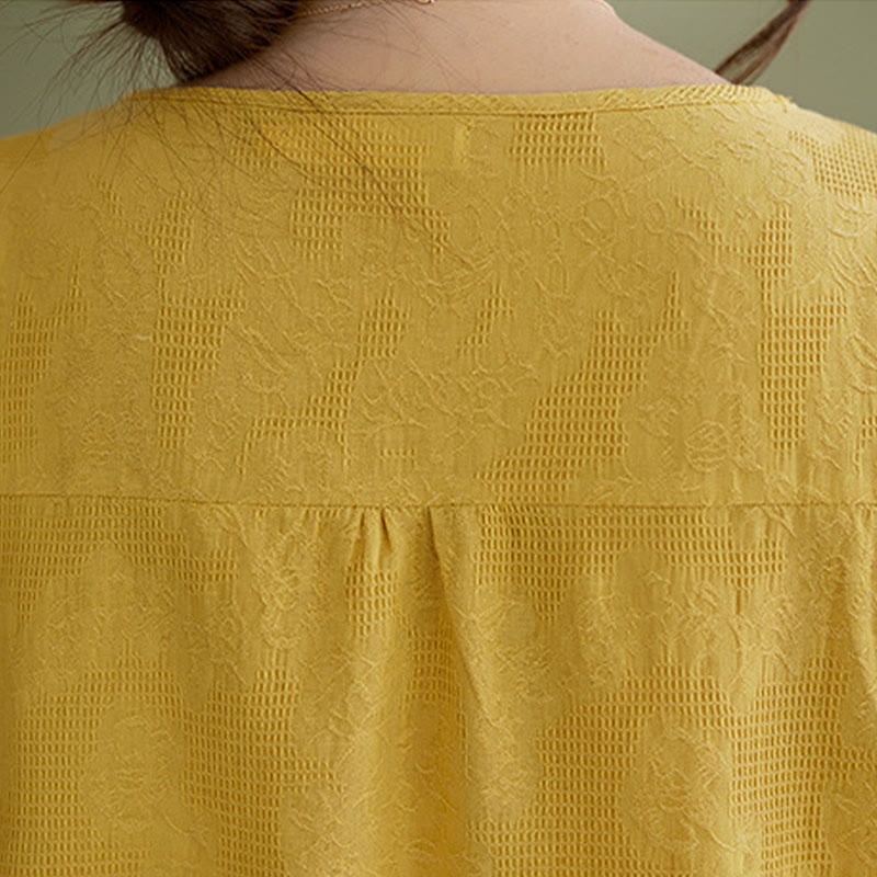 Buddha Stones Three-dimensional Flowers Design Crew Neck Short Sleeve Cotton Women's Shirt - image 12