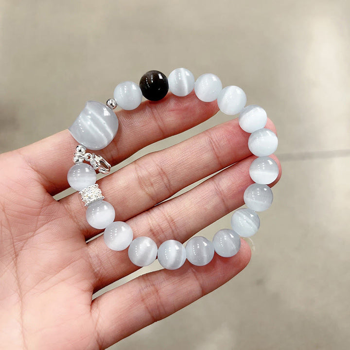 Buddha Stones Cat Head White Cat's Eye Silver Sheen Obsidian Positive Bracelet - White Cat's Eye Bead Size 10mm(Wrist Circumference:14-15cm) - image 1