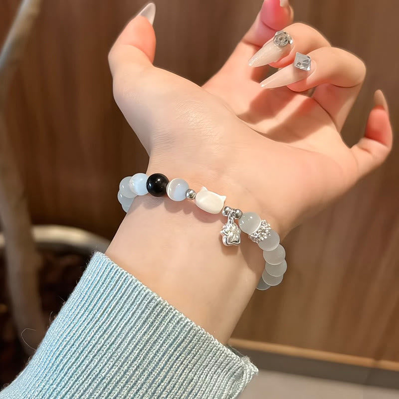 Buddha Stones Cat Head White Cat's Eye Silver Sheen Obsidian Positive Bracelet - White Cat's Eye Bead Size 8mm(Wrist Circumference:14-15cm) - image 0