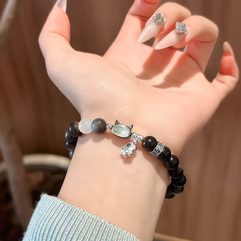 Buddha Stones Cat Head White Cat's Eye Silver Sheen Obsidian Positive Bracelet - Silver Sheen Obsidian Bead Size 8mm(Wrist Circumference:14-15cm) - image 3