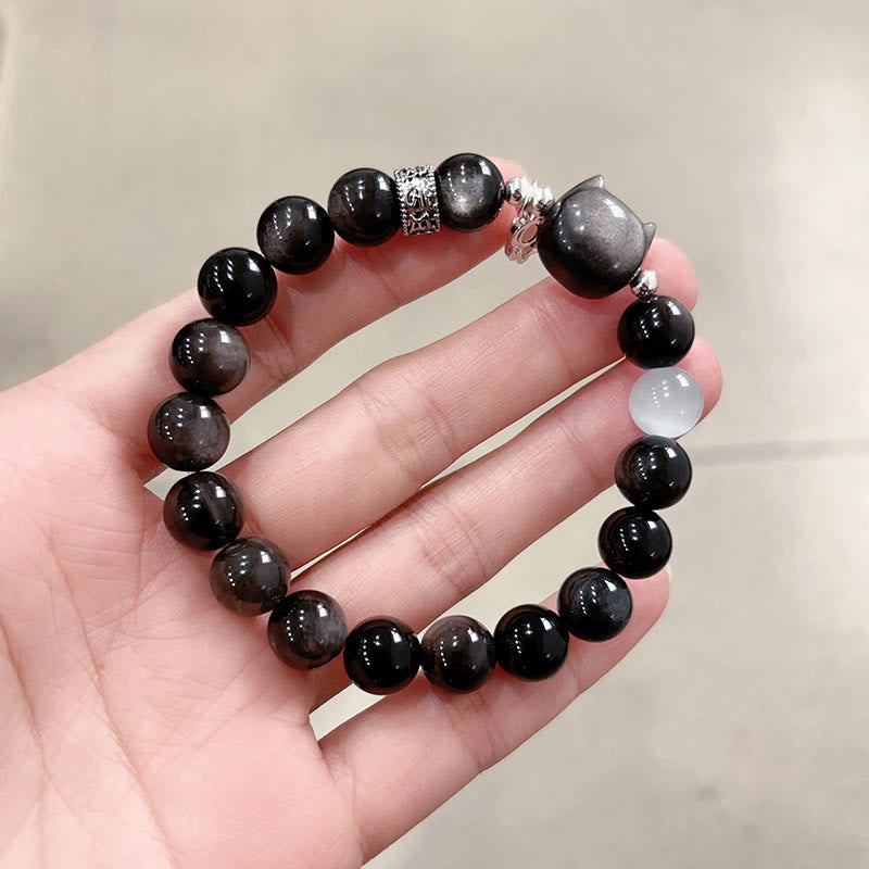 Buddha Stones Cat Head White Cat's Eye Silver Sheen Obsidian Positive Bracelet - Silver Sheen Obsidian Bead Size 10mm(Wrist Circumference:14-15cm) - image 4