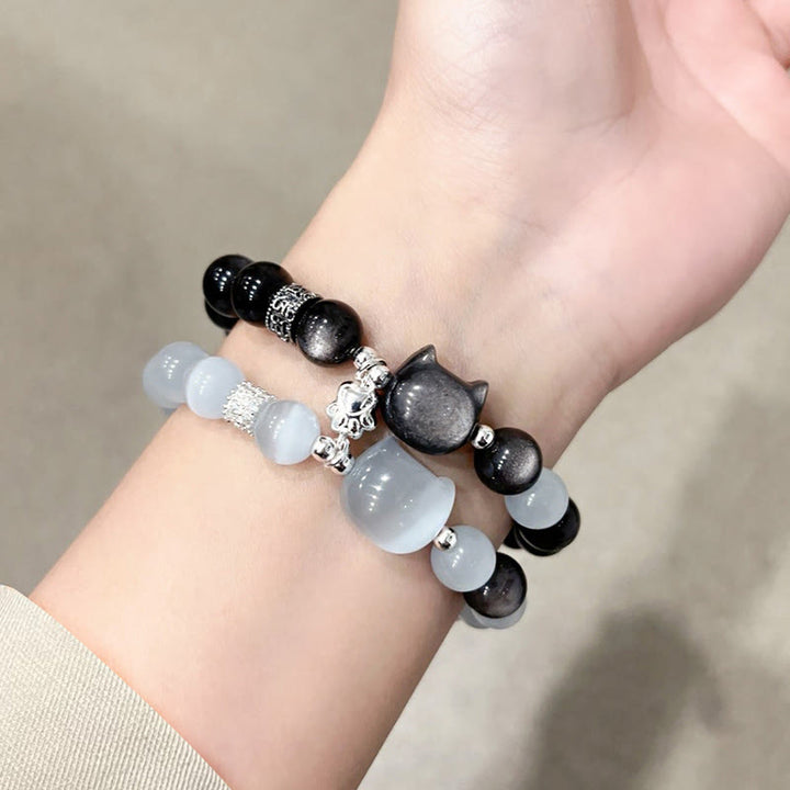 Buddha Stones Cat Head White Cat's Eye Silver Sheen Obsidian Positive Bracelet - image 7