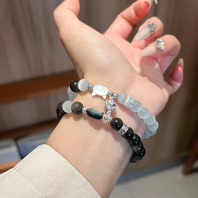 Buddha Stones Cat Head White Cat's Eye Silver Sheen Obsidian Positive Bracelet - image 9