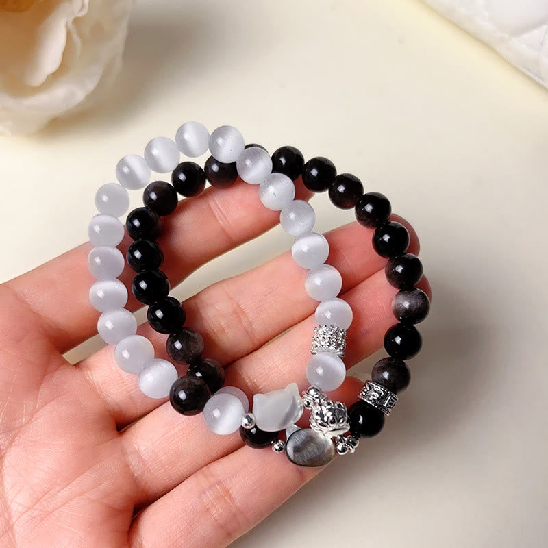 Buddha Stones Cat Head White Cat's Eye Silver Sheen Obsidian Positive Bracelet - image 6