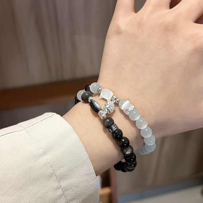 Buddha Stones Cat Head White Cat's Eye Silver Sheen Obsidian Positive Bracelet - image 10