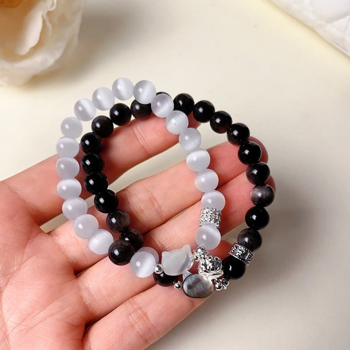 Buddha Stones Cat Head White Cat's Eye Silver Sheen Obsidian Positive Bracelet - image 16