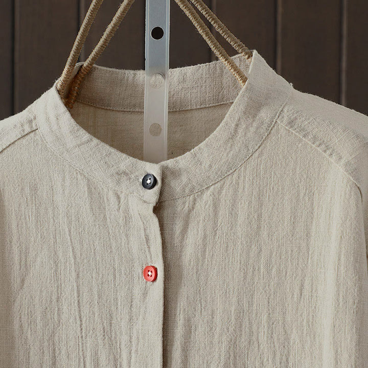 Buddha Stones Fall Solid Color Crew Neck Colorful Buttons Down Design Women's Cotton Long Sleeve Shirt - image 7