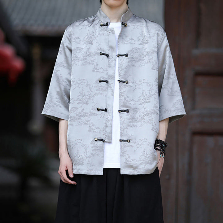 Buddha Stones Summer Pine Tree Mountain Pattern Half Sleeve Frog-Button Design Men's Shirt - Gainsboro - US/UK/AU46，EU56 (5XL) - image 7