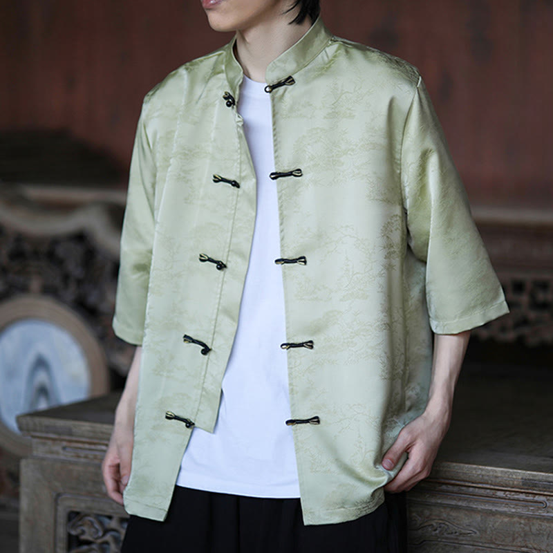 Buddha Stones Summer Pine Tree Mountain Pattern Half Sleeve Frog-Button Design Men's Shirt - image 3