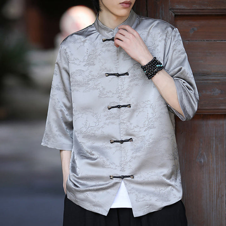 Buddha Stones Summer Pine Tree Mountain Pattern Half Sleeve Frog-Button Design Men's Shirt - image 12