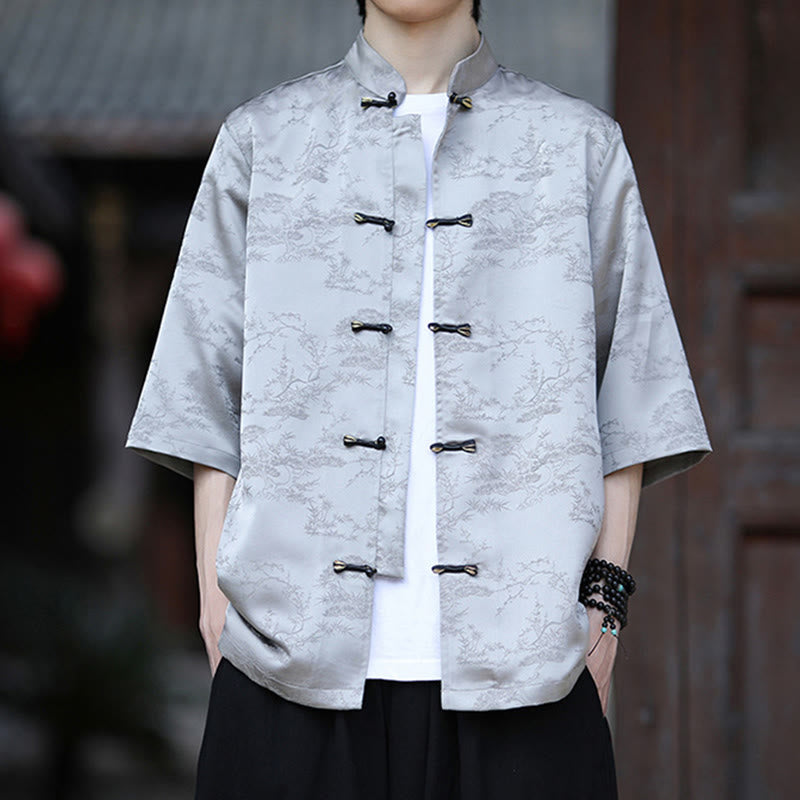 Buddha Stones Summer Pine Tree Mountain Pattern Half Sleeve Frog-Button Design Men's Shirt - image 9