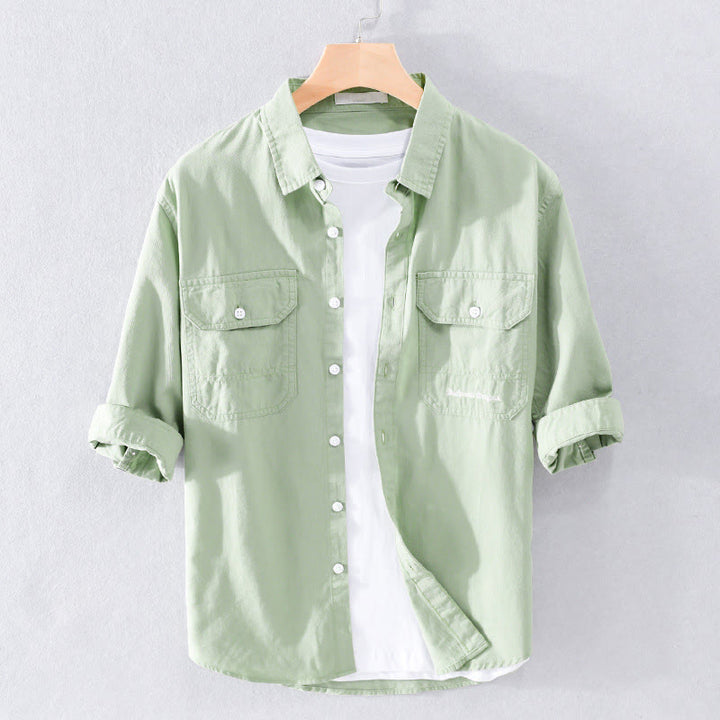 Buddha Stones Summer Buttons Down Two Decorative Pockets Men's Half Sleeve Cotton Shirt - PaleGreen - US/UK/AU40，EU50 (3XL) - image 7