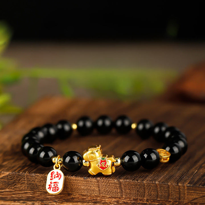 Buddha Stones Year Of The Horse Black Obsidian Strength Bracelet - Black Obsidian(Wrist Circumference: 17cm) - 10mm - image 0