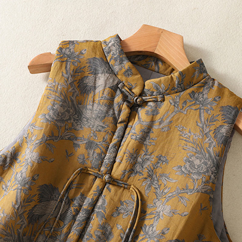 Buddha Stones Crane Flowers Branches Frog-Button Pattern Cotton Women's Sleeveless Vest Waistcoat - image 4