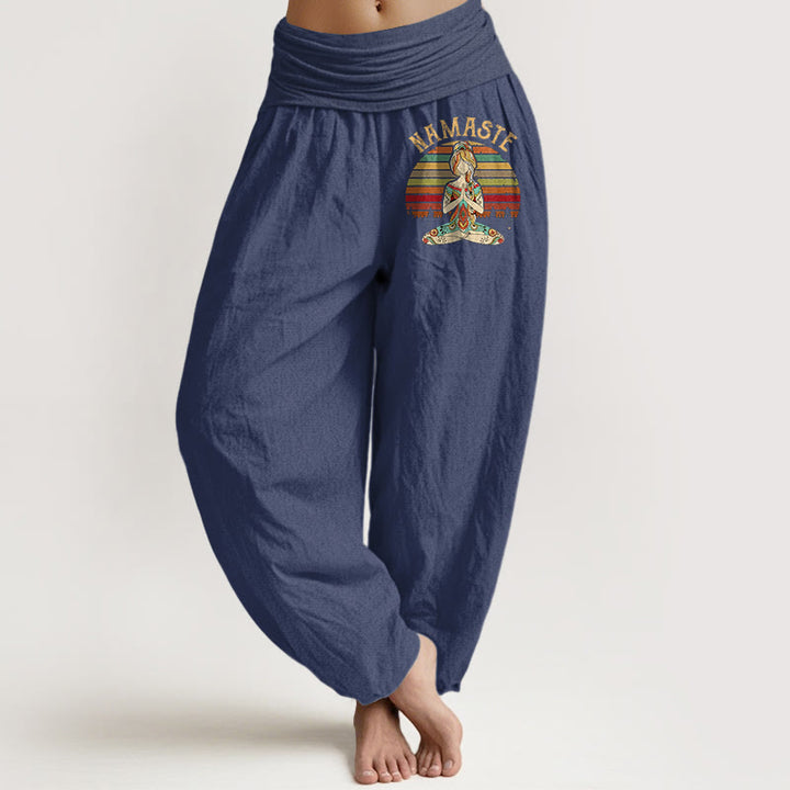 Buddha Stones Colored Stripes Lotus Meditation Figure Pattern Namaste Women's Harem Pure Cotton Pants - DarkSlateBlue - US16，UK/AU20，EU48 (3XL) - image 5