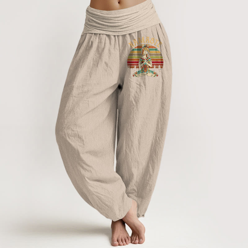 Buddha Stones Colored Stripes Lotus Meditation Figure Pattern Namaste Women's Harem Pure Cotton Pants - Tan - US16，UK/AU20，EU48 (3XL) - image 11