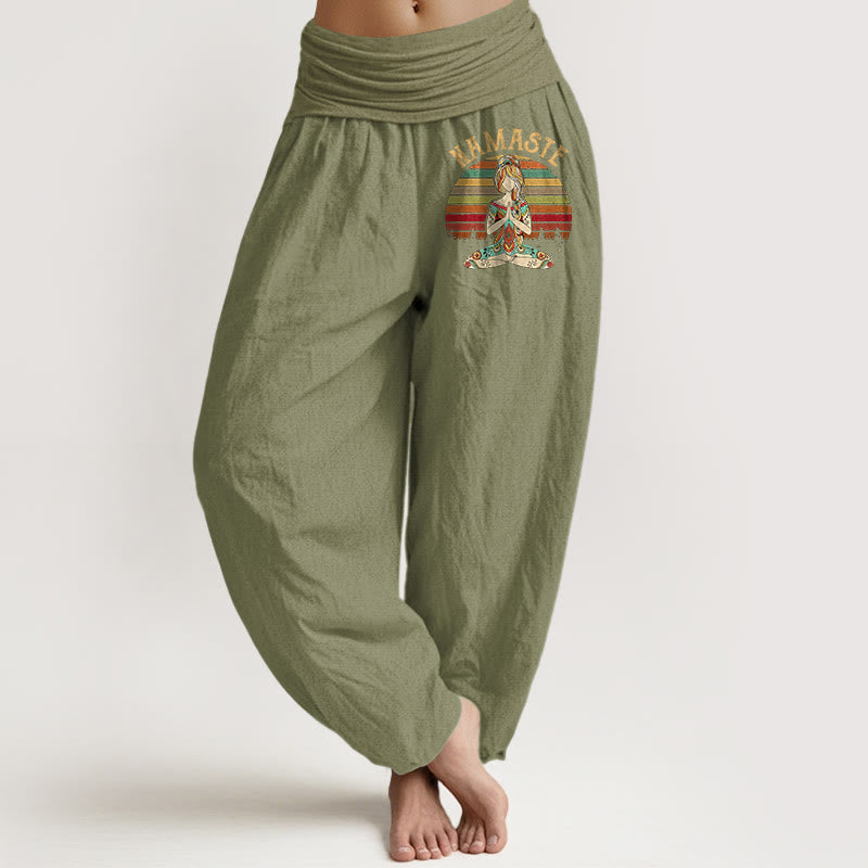 Buddha Stones Colored Stripes Lotus Meditation Figure Pattern Namaste Women's Harem Pure Cotton Pants - OliveDrab - US16，UK/AU20，EU48 (3XL) - image 14