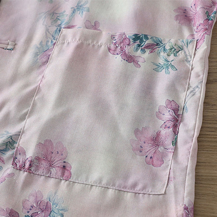 Buddha Stones Fall Purple Floral Green Leaves Print Frog-Button Stand Collar Long Sleeve Women's Cotton Shirt - image 6