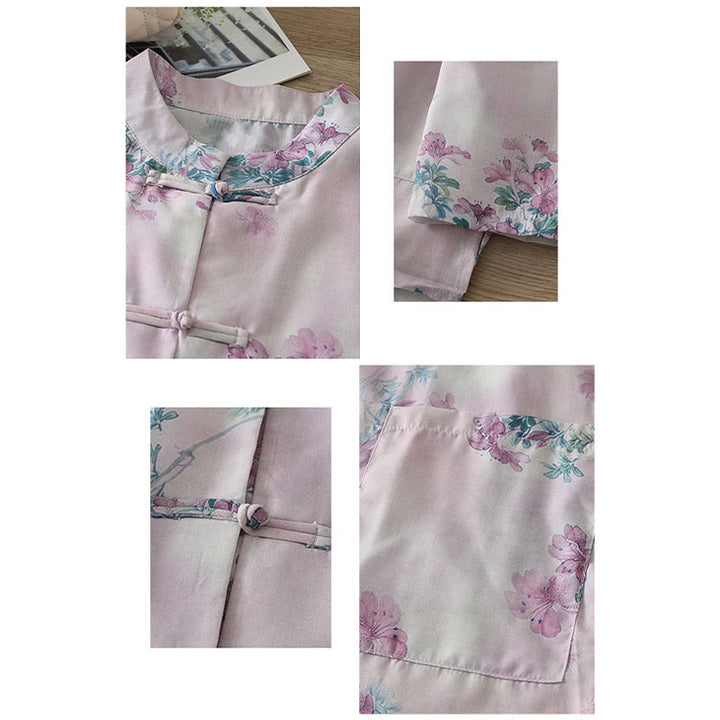 Buddha Stones Fall Purple Floral Green Leaves Print Frog-Button Stand Collar Long Sleeve Women's Cotton Shirt - image 2