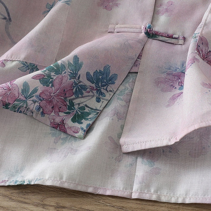 Buddha Stones Fall Purple Floral Green Leaves Print Frog-Button Stand Collar Long Sleeve Women's Cotton Shirt - image 7