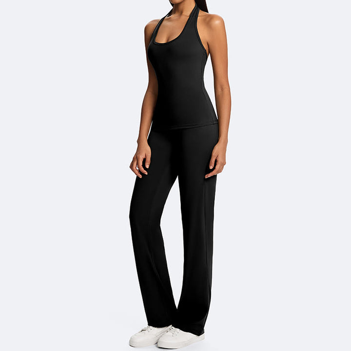 Buddha Stones Solid Crop Halter Backless Sleeveless Top Straight Leg Pants For Sports Fitness Yoga - image 25