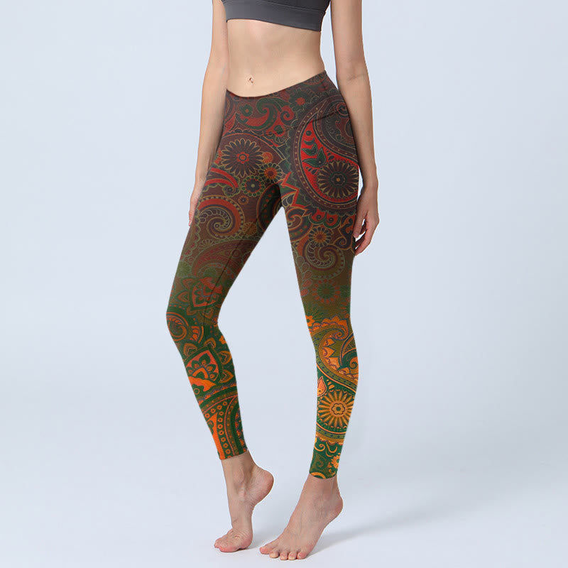 Buddha Stones Cashew Flower Paisley Print Gym Leggings Women's Yoga Pants - SaddleBrown - US18，UK/AU22，EU50 (4XL) - image 0