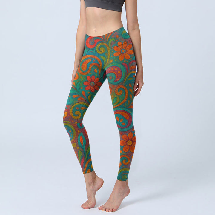Buddha Stones Vibrant Swirling Florals Paisley Print Gym Leggings Women's Yoga Pants - MediumAquamarine - US18，UK/AU22，EU50 (4XL) - image 0