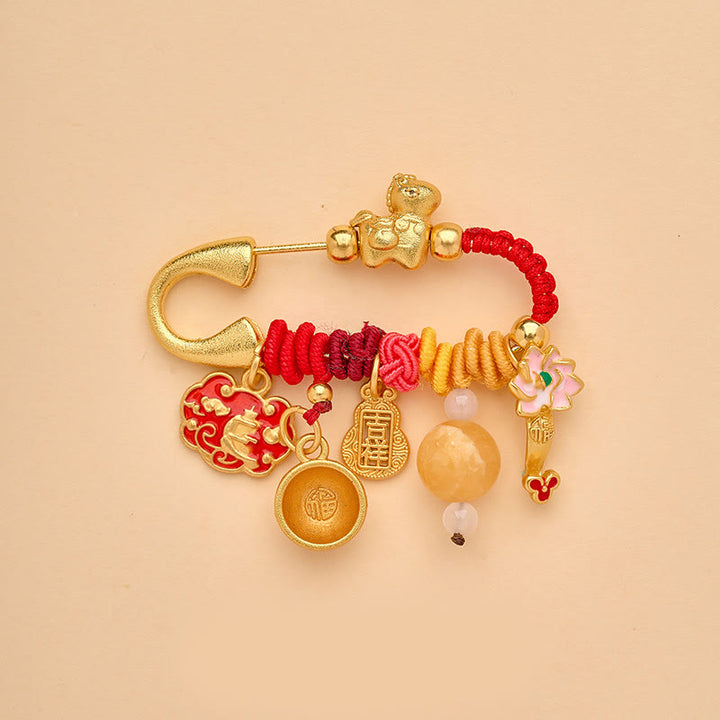 Buddha Stones Year Of The Horse Fu Character Lotus Attract Fortune Ruyi Handle Peace Buckle Luck Brooch - Auspicious Horse - image 0