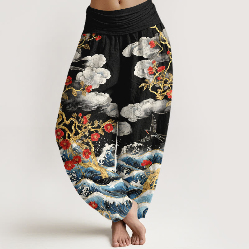 Buddha Stones Pure Cotton Auspicious Clouds Red Blossoms Swallow Ocean Waves Women's Elastic Waist Harem Pants - Black - US16，UK/AU20，EU48 (3XL) - image 5