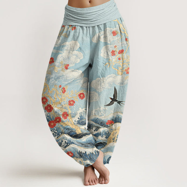 Buddha Stones Pure Cotton Auspicious Clouds Red Blossoms Swallow Ocean Waves Women's Elastic Waist Harem Pants - LightCyan - US16，UK/AU20，EU48 (3XL) - image 8