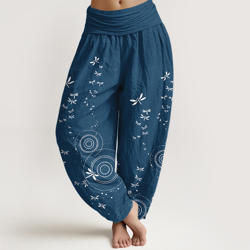Buddha Stones Pure Cotton Circular Lines Dragonfly Women's Elastic Waist Harem Pants - SteelBlue - US16，UK/AU20，EU48 (3XL) - image 5