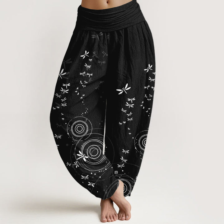 Buddha Stones Pure Cotton Circular Lines Dragonfly Women's Elastic Waist Harem Pants - Black - US16，UK/AU20，EU48 (3XL) - image 8