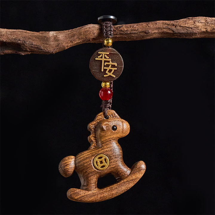 Buddha Stones Year of the Horse Rainbow Eucalyptus Small Leaf Red Sandalwood Linden Wood Ebony Carved Positive Key Chain - Ebony - image 20