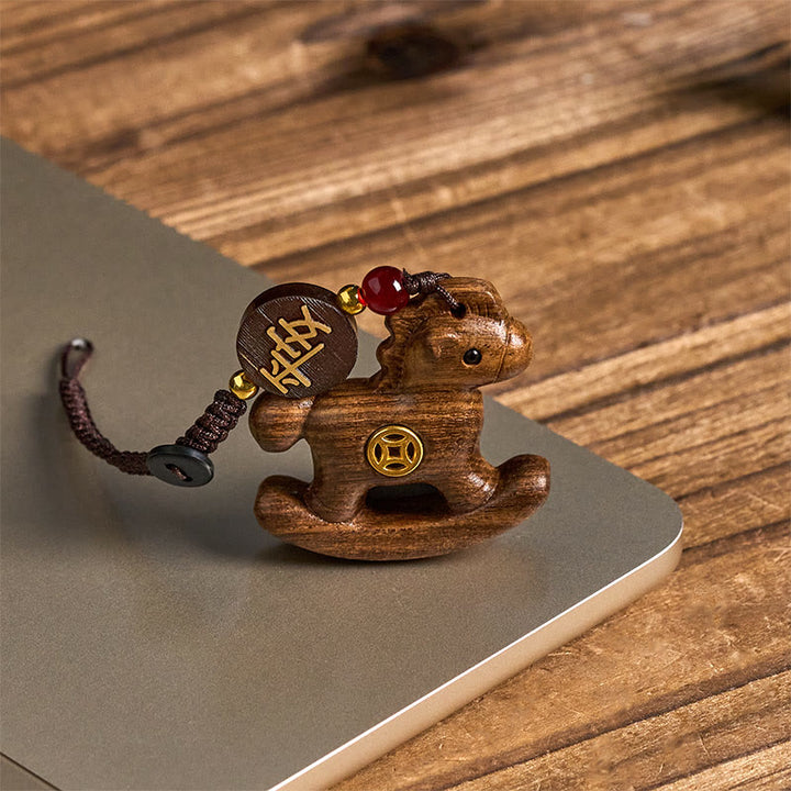 Buddha Stones Year of the Horse Rainbow Eucalyptus Small Leaf Red Sandalwood Linden Wood Ebony Carved Positive Key Chain - image 22