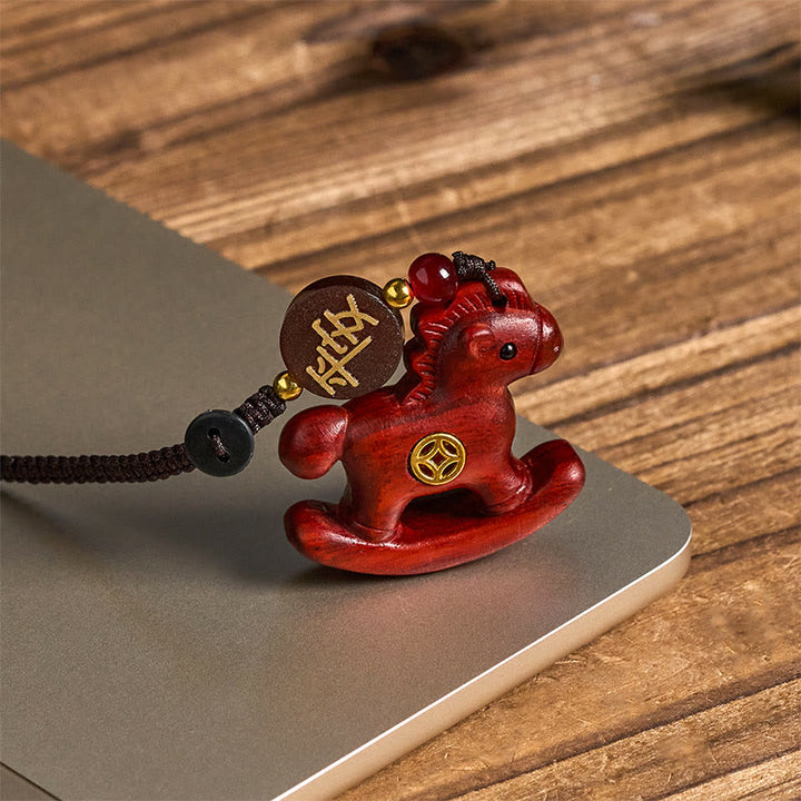 Buddha Stones Year of the Horse Rainbow Eucalyptus Small Leaf Red Sandalwood Linden Wood Ebony Carved Positive Key Chain - image 9