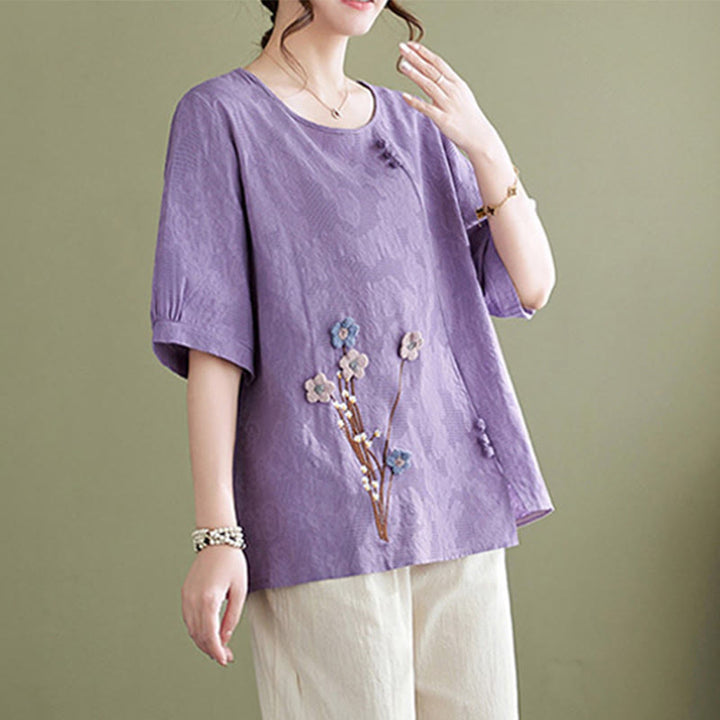 Buddha Stones Three-dimensional Flowers Design Crew Neck Short Sleeve Cotton Women's Shirt - image 2