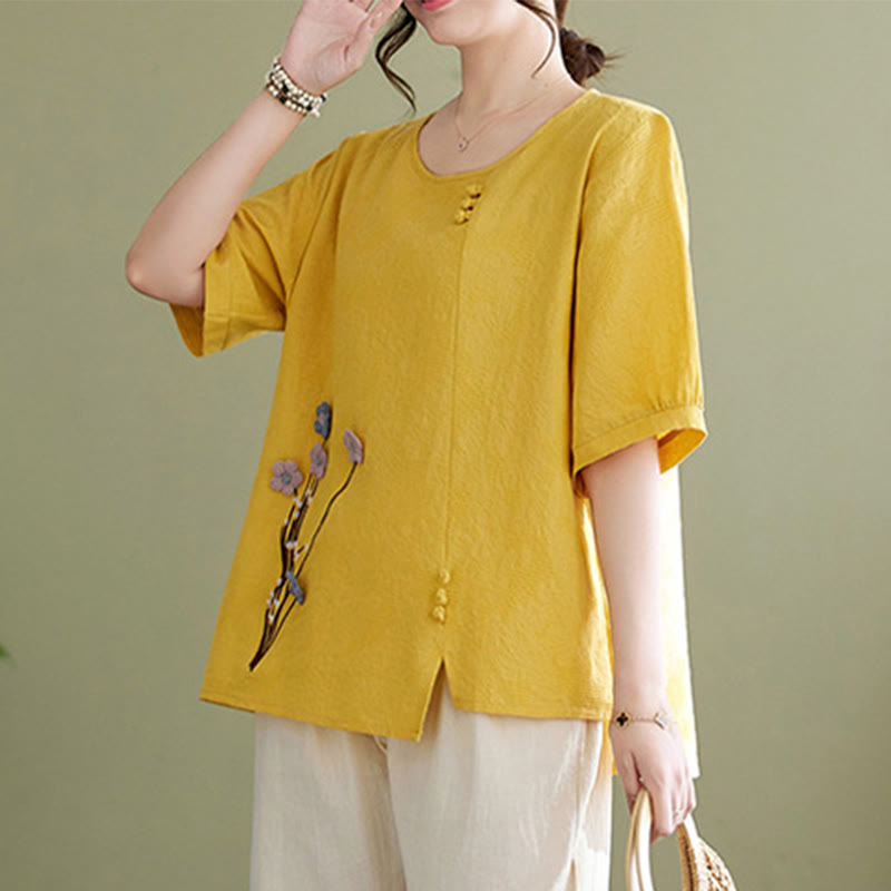 Buddha Stones Three-dimensional Flowers Design Crew Neck Short Sleeve Cotton Women's Shirt - image 10