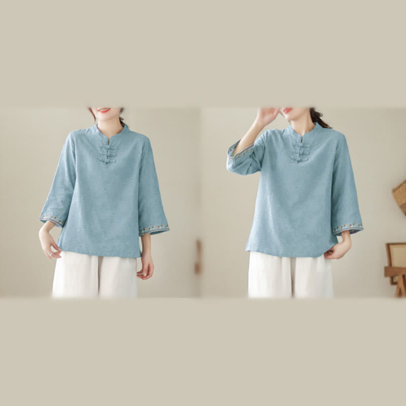 Buddha Stones Jacquard Frog-button Stand Collar Embroidered Three Quarter Sleeve Design Women's Cotton Shirt - image 13