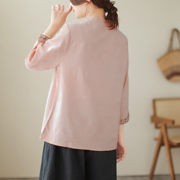 Buddha Stones Jacquard Frog-button Stand Collar Embroidered Three Quarter Sleeve Design Women's Cotton Shirt - image 27