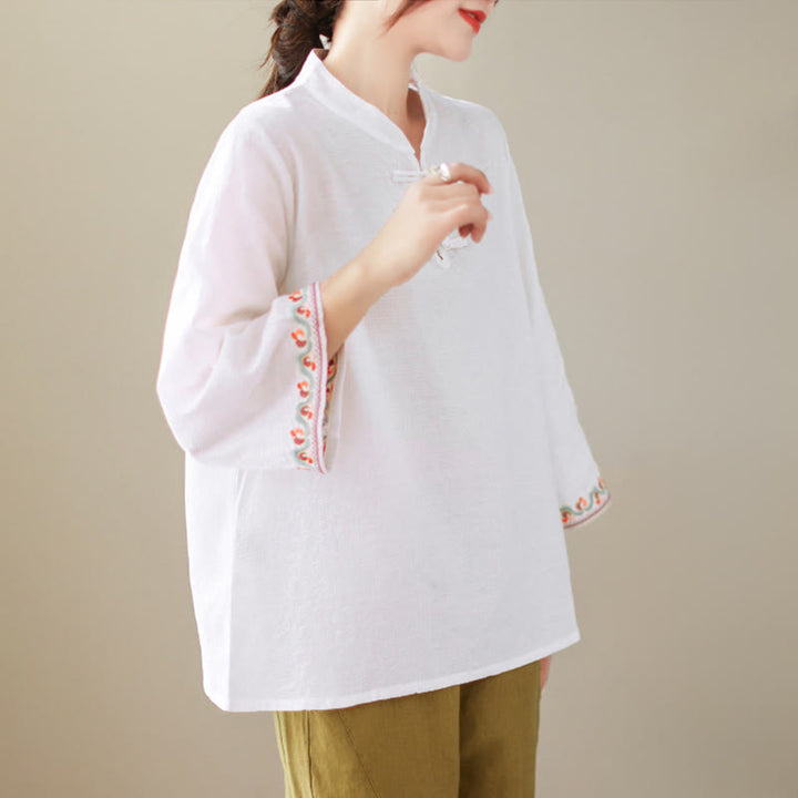 Buddha Stones Jacquard Frog-button Stand Collar Embroidered Three Quarter Sleeve Design Women's Cotton Shirt - image 18