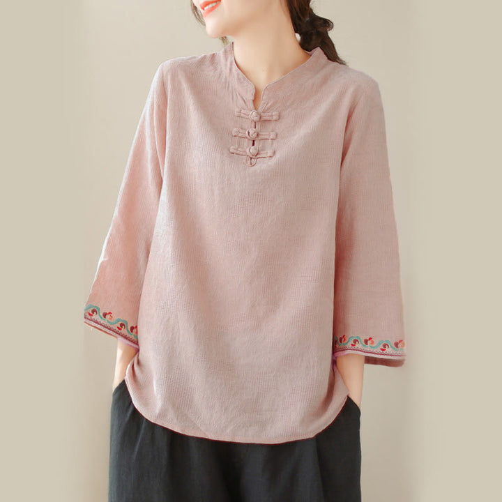 Buddha Stones Jacquard Frog-button Stand Collar Embroidered Three Quarter Sleeve Design Women's Cotton Shirt - image 29