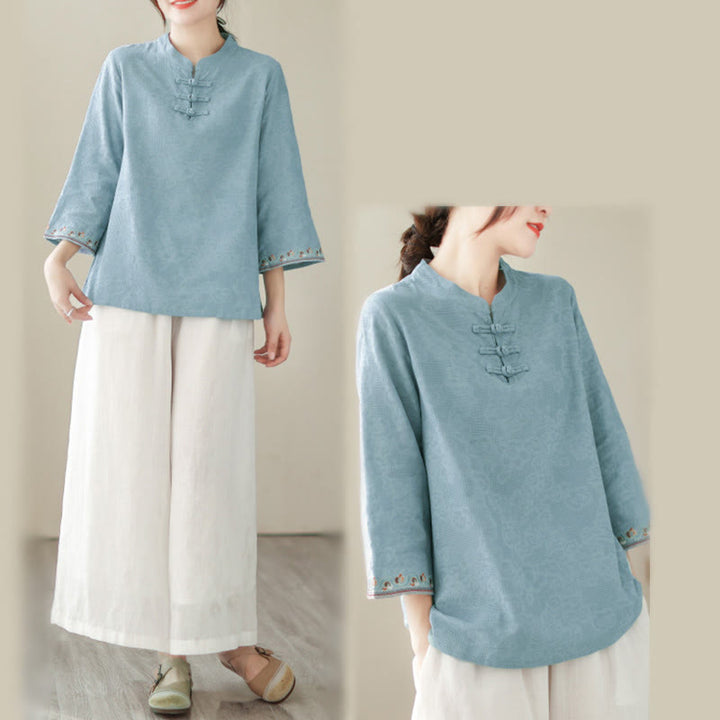 Buddha Stones Jacquard Frog-button Stand Collar Embroidered Three Quarter Sleeve Design Women's Cotton Shirt - image 12