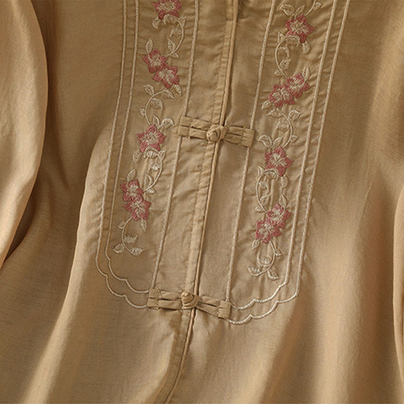 Buddha Stones Frog-button Stand Collar Embroidered Flower Elastic Cuff Three Quarter Sleeve Women's Shirt - image 10